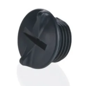 Titrette Air Vent Cap, All Volumes (BrandTech), a black plastic threaded plug with slotted flat head, compatible with BrandTech equipment, shown on a white background.