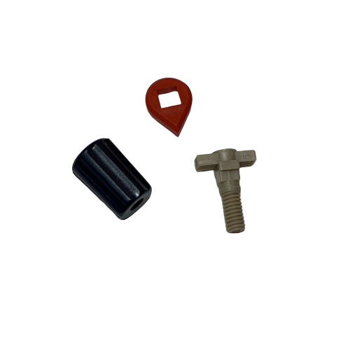 A beige, winged threaded volume adjustment knob—like those found in BrandTech Dispensette III setups—is included, along with a black cylindrical connector and a red teardrop-shaped washer.