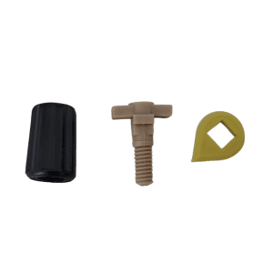 Three plastic parts—a black cylindrical cap, beige winged threaded bolt, and yellow teardrop piece with a square hole—are shown side by side on white. Fits Dispensette Organic Analog Volume Adjustment Knob Complete (BrandTech) replacement.