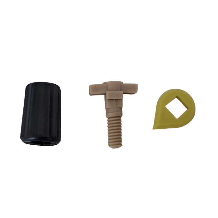 BT 6709 Three plastic parts—a black cylindrical cap, beige winged threaded bolt, and yellow teardrop piece with a square hole—are shown side by side on white. Fits Dispensette Organic Analog Volume Adjustment Knob Complete (BrandTech) replacement.