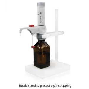 A brown glass bottle with a Brandtech bottle-top dispenser is secured on the Bottle Stand, PP (Brandtech), which helps prevent tipping.
