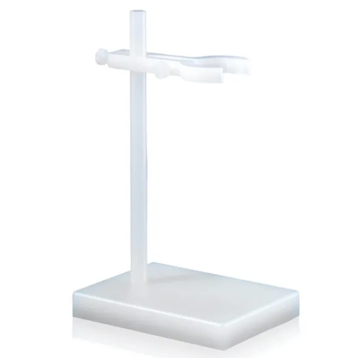 BT 704275 The Bottle Stand, PP (Brandtech) features a transparent rectangular base, a vertical pole, and an adjustable top support arm—perfect for securing Brandtech products.