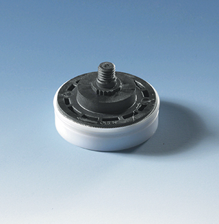BT 707530 Close-up of a round, black and white plastic Titrette Piston, 10mL (BrandTech), with a threaded central bolt, shown on a blue gradient surface.