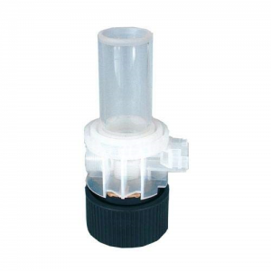 Clear plastic airlock featuring a cylindrical top, white center, and black screw cap; resembles the Titrette Dispensing Cylinder with Valve Block, 10mL (BrandTech), and is typically used for fermenting containers.