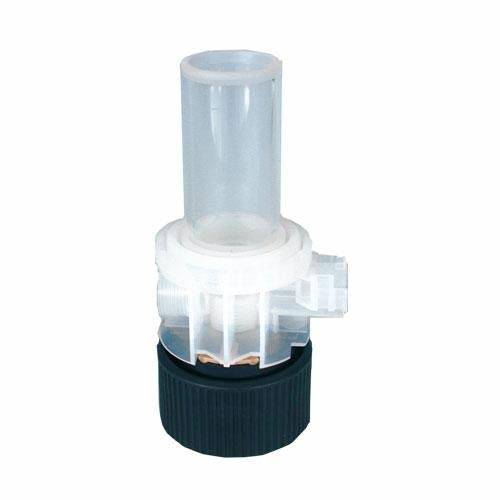 BT 707533 Clear plastic airlock featuring a cylindrical top, white center, and black screw cap; resembles the Titrette Dispensing Cylinder with Valve Block, 10mL (BrandTech), and is typically used for fermenting containers.