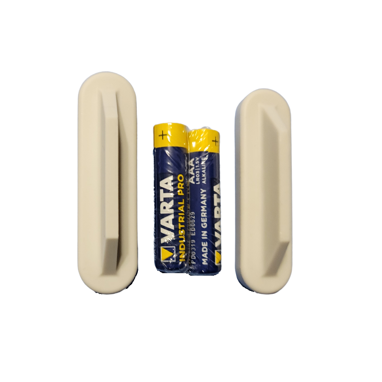 BT 7260 Two Titrette Micro Batteries with Case Covers, 1.5V, 2 Pack (BrandTech), are standing upright between two white rectangular plastic holders featuring angled notches.