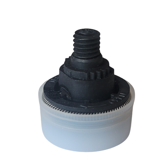 BT707531 A black plastic threaded cap with a white base, designed to seal containers or bottles, compatible with the Titrette Piston, 10mL (BrandTech).