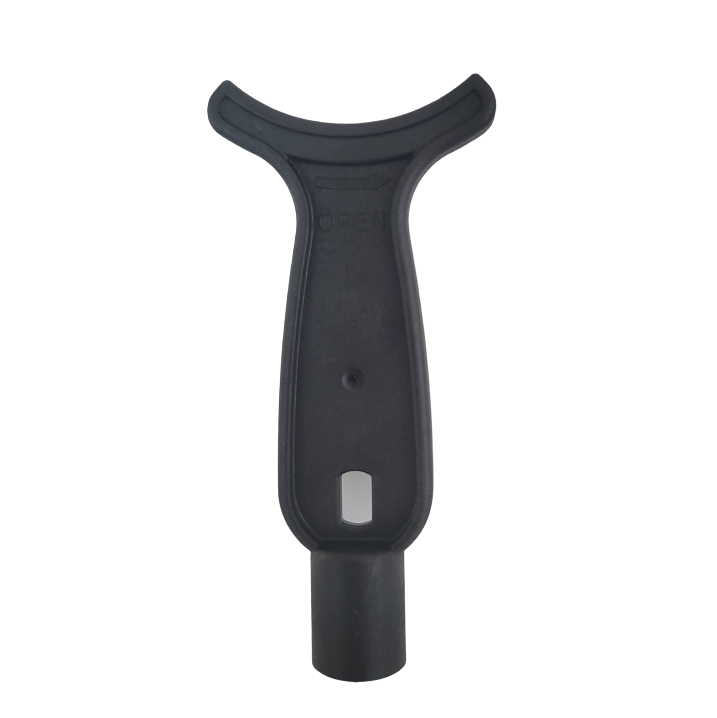 BT_6784 The Titrette Mounting Tool (BrandTech) is a black plastic tool with a Y-shaped top, flat central body, and cylindrical handle, displayed against a plain white background.