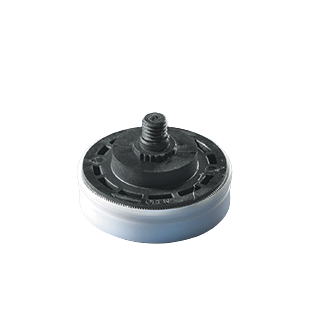 BT_707530 A black and white round mechanical part, resembling a Titrette Piston, 25mL (BrandTech), with a threaded center post—likely an adjustable foot—displayed on a white background.