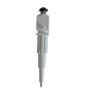 A white electronic component with a cylindrical shaft and metallic tip resembles the Rainin Nozzle & Piston Assembly, Multichannel, 20μL (Rainin), displayed against a white background.