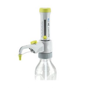 The Dispensette S Organic Bottletop Dispenser, Analog, Adjustable with Recirculation Valve (0.5-5mL, BrandTech), is shown attached to a clear bottle with yellow nozzle and cap accents for precise liquid handling.