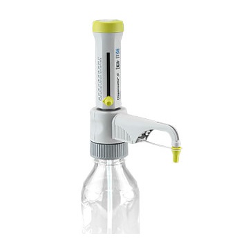BT 4630140 The Dispensette S Organic Bottletop Dispenser from BrandTech features an adjustable 1-10mL analog spout and standard valve, attached to a clear bottle for precise liquid dispensing.