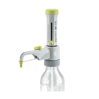 BT 4630141 The Dispensette S Organic Bottletop Dispenser, 1-10mL (BrandTech), features analog adjustment and a recirculation valve for precise liquid dispensing in the lab, and attaches to a clear bottle for efficient operation.