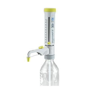 BT 4630171 The Dispensette S Organic Bottletop Dispenser (Analog, Adjustable, 10-100mL) by BrandTech attaches to bottles and features an adjustable dispenser, recirculation valve, measurement markings, and a precise dispensing spout.