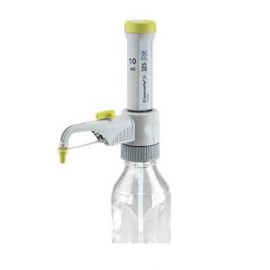 A Dispensette S Organic Bottletop Dispenser, Fixed Volume, Recirculation Valve, 10mL (BrandTech), is attached to a clear bottle featuring volume markings and a dispensing nozzle.