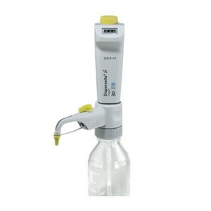 The Dispensette S Organic Bottletop Dispenser, Digital, 0.5-5mL (BrandTech) features yellow adjustment knobs, a recirculation valve, and a digital volume display for precise measurements on a clear bottle.