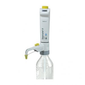 The Dispensette S Organic Bottletop Dispenser (Digital, 5-50mL, BrandTech) features a digital display, adjustable volume, recirculation valve, and attaches securely to a clear bottle.