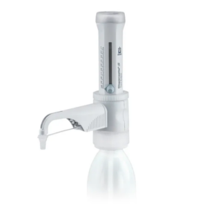 The Dispensette S Trace Analysis Bottletop Dispenser, Pt-Ir, Standard Valve, 1-10mL (BrandTech), features a volume adjustment dial and dispensing spout, and is shown attached to a clear bottle.
