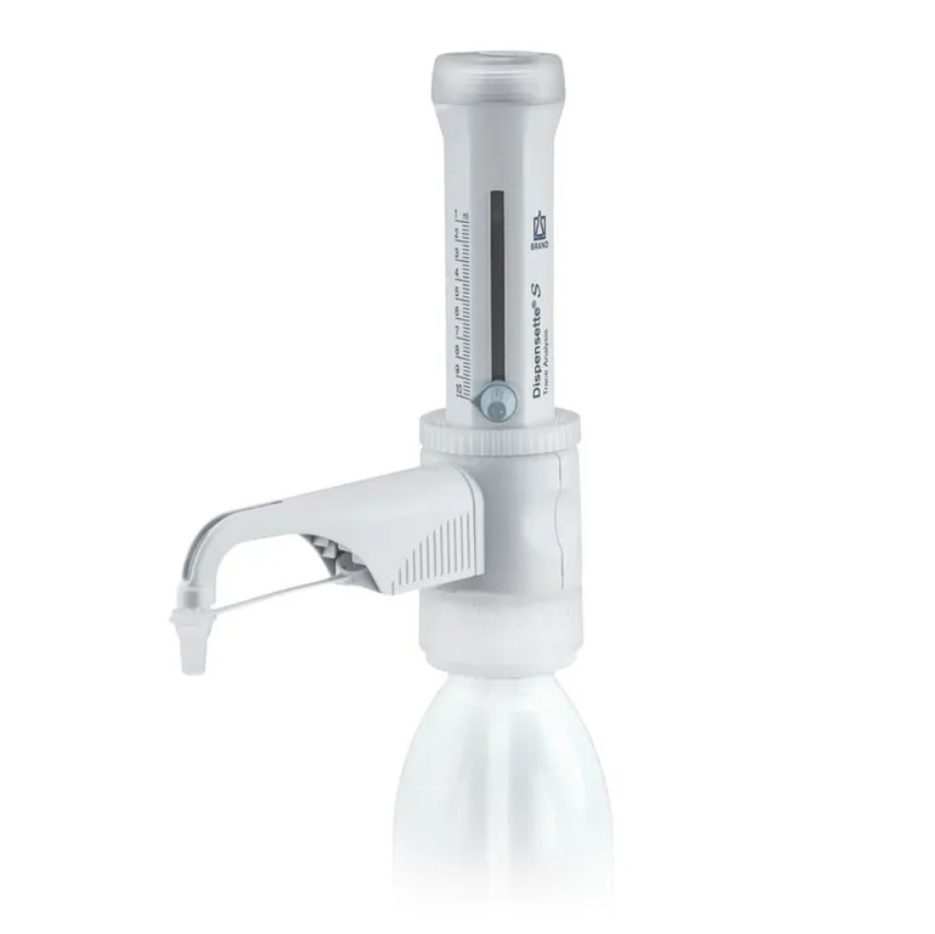BT 4640040 The Dispensette S Trace Analysis Bottletop Dispenser, Pt-Ir, Standard Valve, 1-10mL (BrandTech), features a volume adjustment dial and dispensing spout, and is shown attached to a clear bottle.