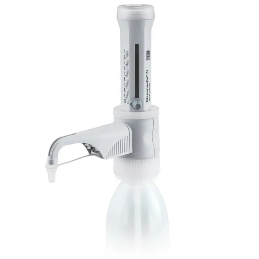 BT 4640240 The Dispensette S Trace Analysis Bottletop Dispenser, Ta, Standard Valve (BrandTech) offers precise 1-10mL measurements with a digital volume display