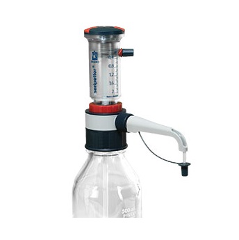 BT 4720120 A BrandTech seripettor Bottletop Dispenser, 0.2-2mL, with a volume adjustment dial and dispensing arm, is mounted on a clear laboratory bottle for precise liquid dosing.