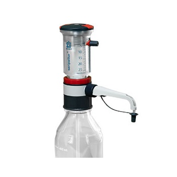 BT 4720150 A BrandTech seripettor Bottletop Dispenser, 2.5-25mL, attached to a clear bottle, used for precise liquid measurement and dispensing.