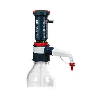 BT 4720420 A BrandTech seripettor pro Bottletop Dispenser, 0.2-2mL, is attached to a clear bottle with measurement markings and a precise dispensing nozzle.