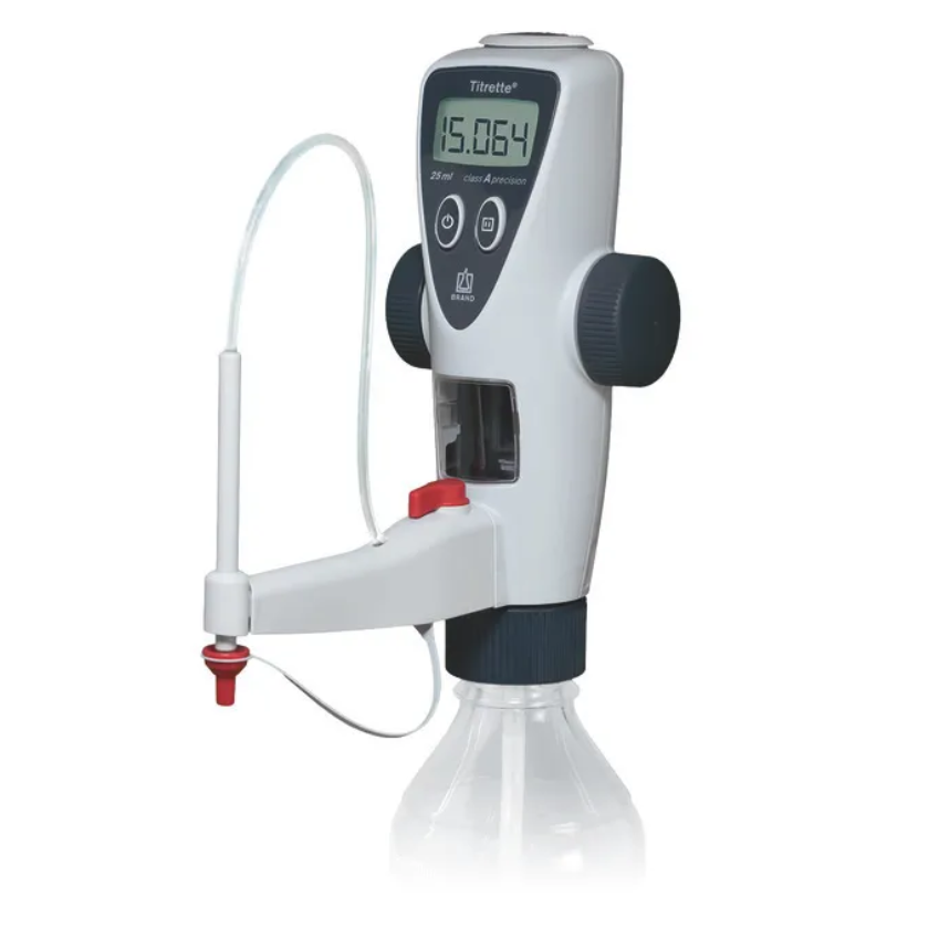 BT 4760151 The Titrette Bottletop Burette, Standard, 25mL (BrandTech) features a display screen, control knobs, and attached tubing, all mounted on a reagent bottle.