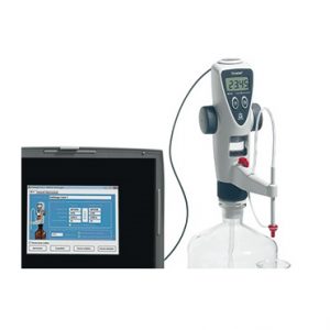 A Titrette Bottletop Burette with RS232 Communications Interface, 10mL (BrandTech), displays 23.4°C and connects to a computer showing a control interface; both are positioned near a clear plastic bottle.
