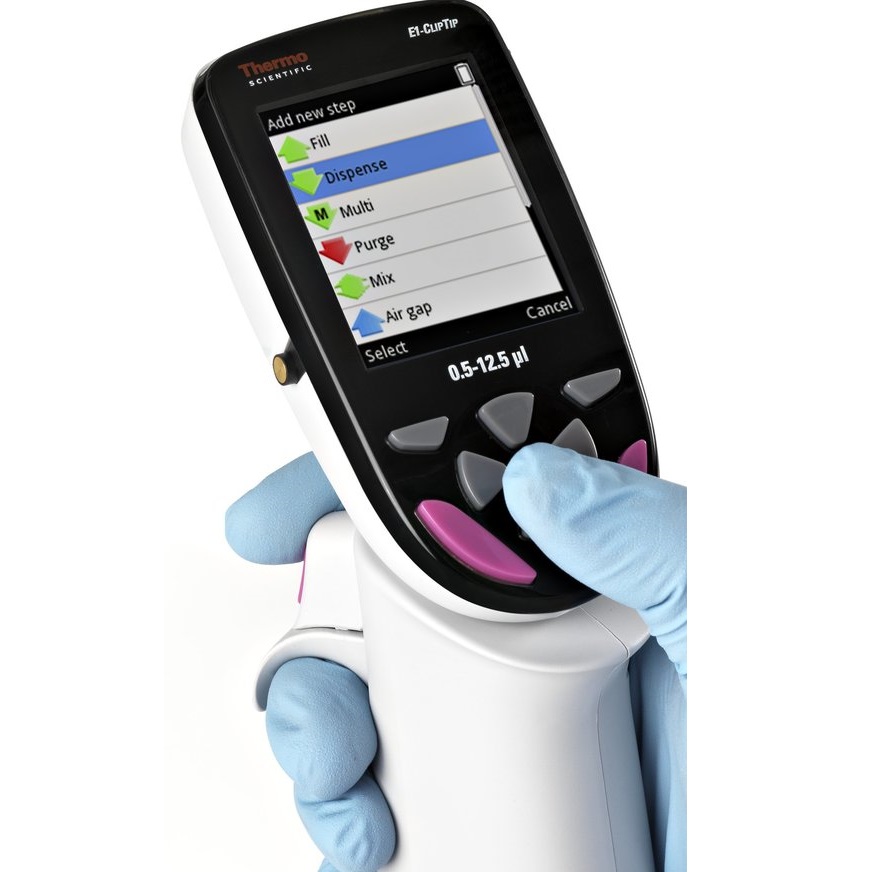 E1CT MC 12.5ul pipette A gloved hand holds a Thermo Scientific E1-ClipTip Bluetooth 96 Format Electronic Multichannel Pipette (8 Channel, 0.5–12.5μL) with a digital screen showing Fill, Dispense, Mix, and Purge options.