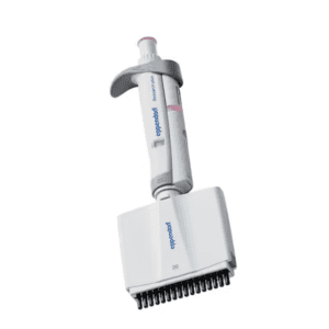 The Eppendorf Research Plus Multichannel Pipette features 16 channels, a light pink body, and a 1-20μL volume range, designed for precise liquid handling.