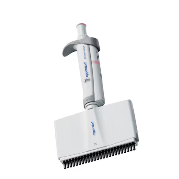 EP-3125000087 A light pink Eppendorf Research Plus Multichannel Pipette with 24 channels (1-20μL) is shown against a plain background, designed for efficient liquid transfer in lab settings.
