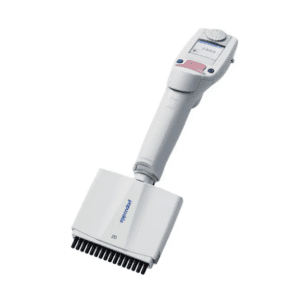 A light pink Eppendorf Xplorer Plus multichannel pipette with 16 channels (1-20μL), perfect for precise electronic lab work.