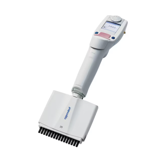 A light pink Eppendorf Xplorer Plus multichannel pipette with 16 channels (1-20μL), perfect for precise electronic lab work.