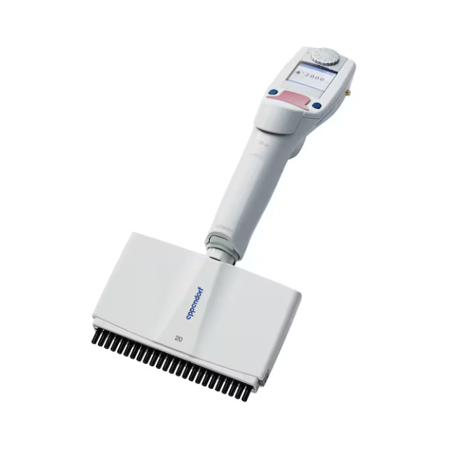 A light pink Eppendorf Xplorer Plus Multichannel Pipette, 24 channels, 1-20μL, is displayed against a white background.