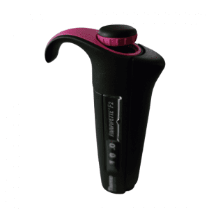 A black and magenta Thermo Scientific Finnpipette F2 Handle, Single & Multichannel 1-10μL Micro pipette is shown upright on a white background.