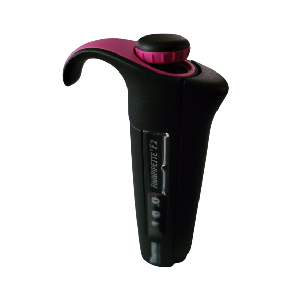 A black and magenta Thermo Scientific Finnpipette F2 Handle, Single & Multichannel 1-10μL Micro pipette is shown upright on a white background.