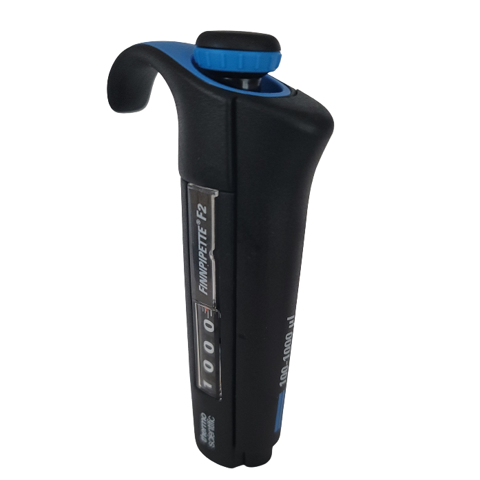 A close-up of a Finnpipette F2 Handle, 100-1000μL (Thermo Scientific), a black lab pipette featuring a blue plunger and clear side volume display.
