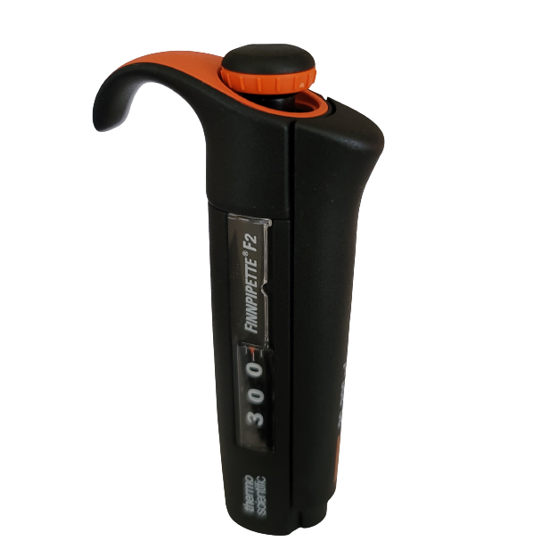 TS 2213280 A black and orange Finnpipette F2 multichannel micropipette (Thermo Scientific), adjustable from 30-300 μL and set at 300 μL, features an ergonomic handle for comfortable use.