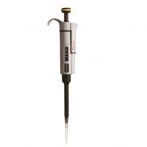 The Thermo Scientific F1-ClipTip Single Channel Variable Volume Pipette (Yellow, 10-100μL) features a digital volume display and includes a clear disposable tip.