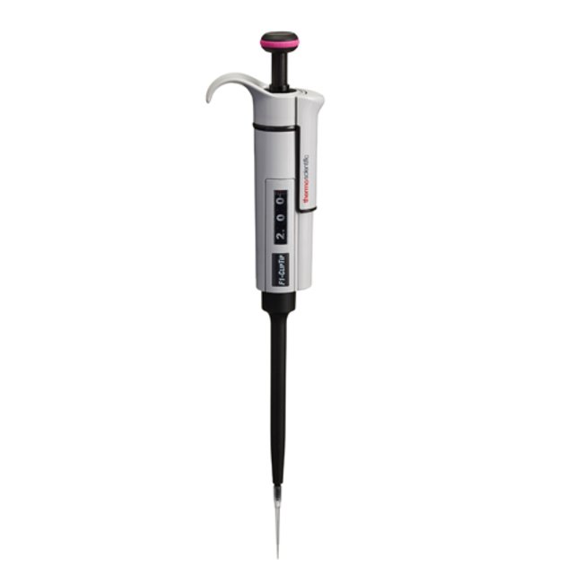 The Thermo Scientific F1-ClipTip Single Channel, Variable Volume Pipette in pink (0.1-2μL) offers precise digital volume adjustment for accurate liquid measurement and transfer.