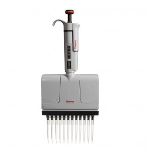 A Thermo Scientific F1-ClipTip Multichannel Pipette, 12 channel, pink, 1-10μL, is shown isolated on a white background for precise liquid handling in labs.