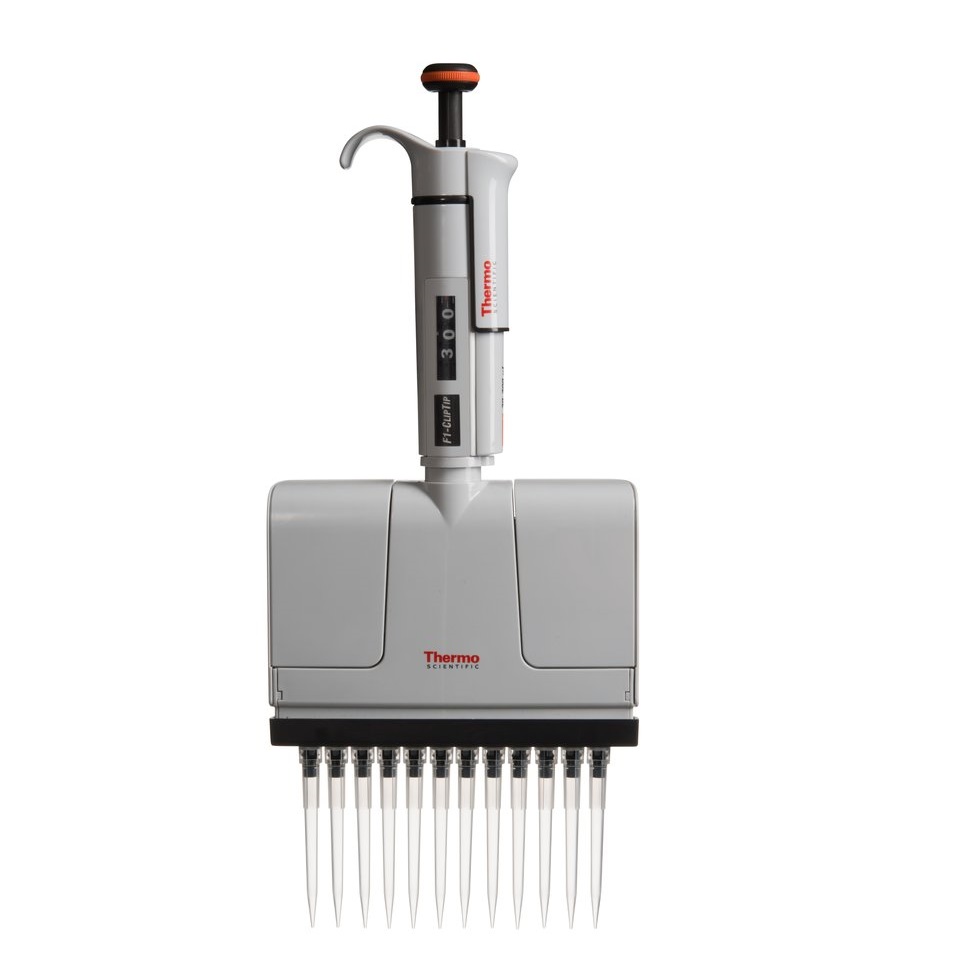 TS 4661180N A Thermo Scientific F1-ClipTip Multichannel Pipette, 12 channel, pink, 1-10μL, is shown isolated on a white background for precise liquid handling in labs.