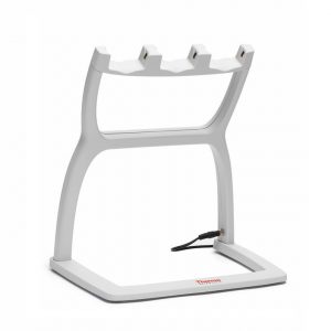 A white plastic Thermo Scientific E1-ClipTip Charging Stand for 3 single or multichannel pipettes, featuring three slots, a power cord at the base, and “Thermo” labeled on the front.