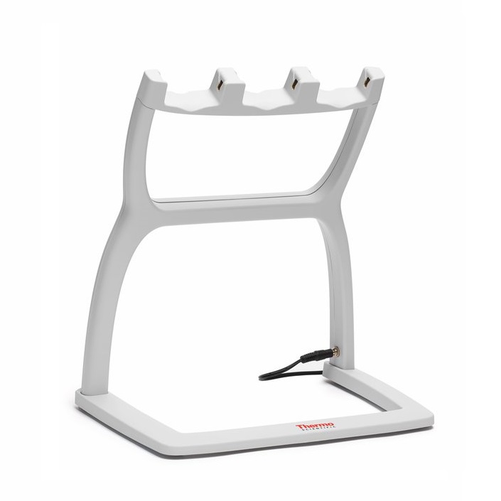TS 9420510 A white plastic Thermo Scientific E1-ClipTip Charging Stand for 3 single or multichannel pipettes, featuring three slots, a power cord at the base, and “Thermo” labeled on the front.