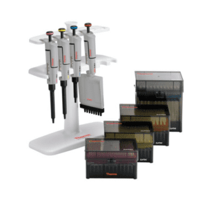 The F1-ClipTip GLP Good Laboratory Pipetting Kit 2 (Thermo Scientific) includes four variable volume pipettes on a white stand with colored tip boxes—your complete kit for precise lab work.