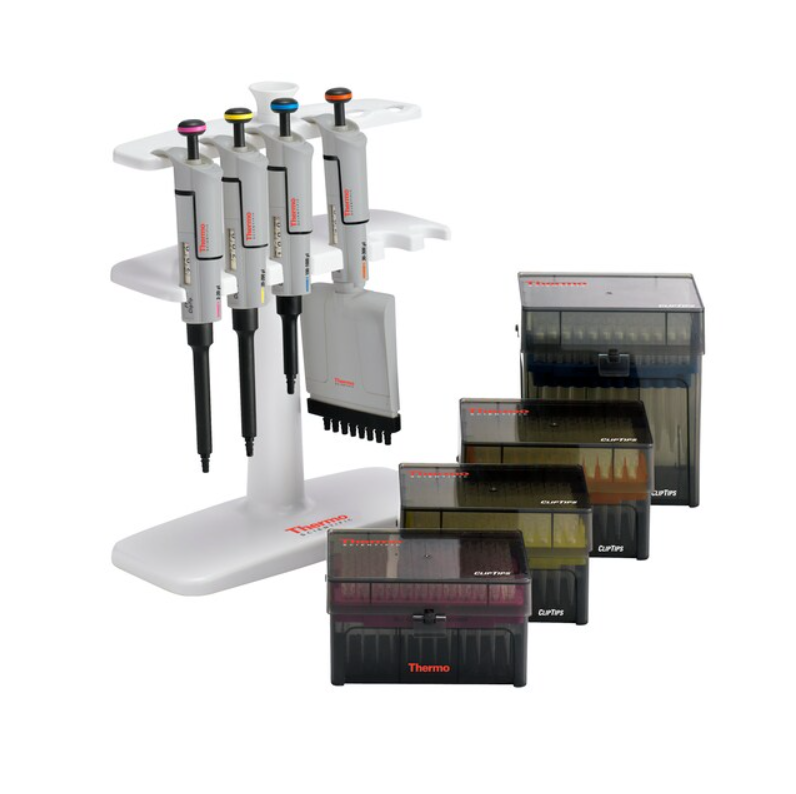 TS_4701150N The F1-ClipTip GLP Good Laboratory Pipetting Kit 2 (Thermo Scientific) includes four variable volume pipettes on a white stand with colored tip boxes—your complete kit for precise lab work.