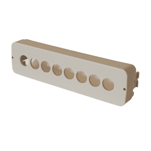 White plastic panel for Xplorer/Xplorer Plus Ejector, Multichannel, 8-channel (10μL/100μL/300μL), featuring eight round holes and a large left slot; compatible with Eppendorf models. Shown angled on a plain background.