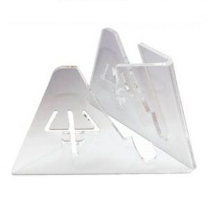 Clear acrylic triangular bookends with cut-out designs, shown beside the Pipetman Universal Multichannel Pipette Stand (Gilson)—ideal for organizing your workspace.