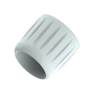 White, cylindrical plastic Pipetman M Connecting Nut (Single Channel, Gilson) with vertical grooves, shown angled on a plain background.